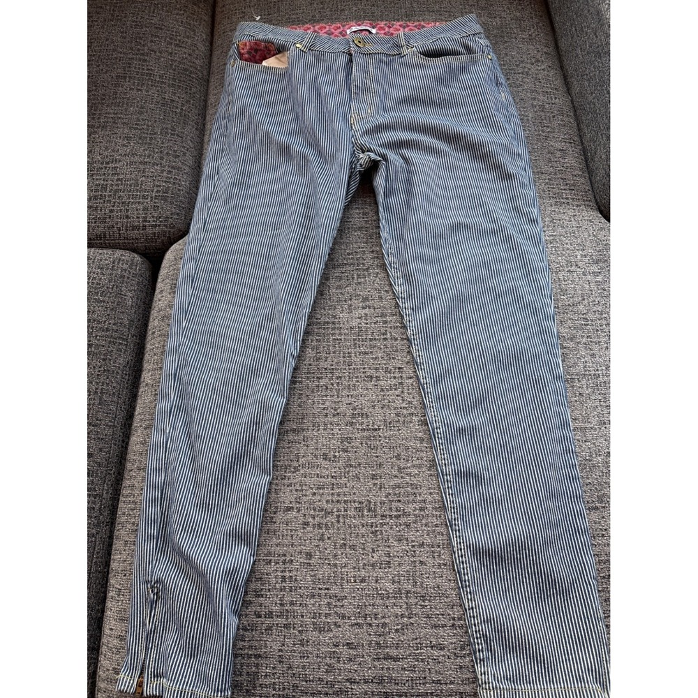 April Cornell Blue White Hickory Stripe Slim Pants Ankle Zip‎ Floral Detail 32